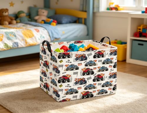 Image of Rectangular Baby Kids Storage Basket for Home Kitchen Girls Cute Toy Storage Bin Organizer Shelf Book Room Decor(Racing Truck)
