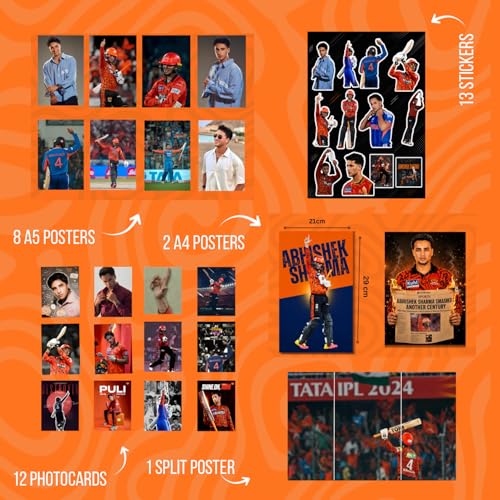 Image of Abhishek Sharma Gift Merchandise | 10 Premium Posters, 13 Stickers, 12 Photocards & 1 Split Poster | Aesthetic Abhishek Sharma Merchandise Gift Set for Cricket Fans | Posters Combo Pack for Room Decor