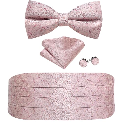 Image of Barry.Wang Men Silk Paisley Cummerbund and Pre-tied Bowtie Handkerchief Cufflink Set for Tuxedo