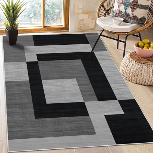 AMEHA Rugs Living Room - Milo Black & Grey Area Rugs for Bedroom Small Bedside mat 60x110 cm Anti Slip - Modern Carpet Non Shedding Geometric Style Durable Soft Low Pile Rug for Kids Room Easy Clean