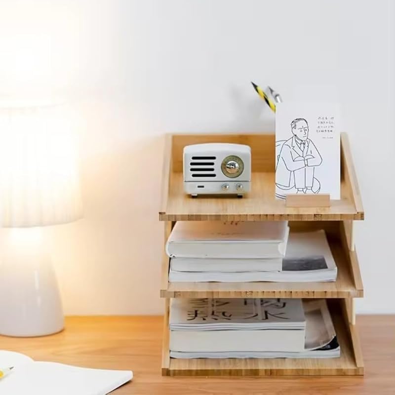 KryZaro天然竹2段ファイルラック 卓上本棚 学生用/オフィス用 A4ファイル収納 フラットレター・ペーパートレイ レタートレイ