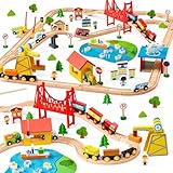 110PCS Wooden Train Set - Toy Magnetic Trains with Wooden Track Set for Kids Ages 3-8, City Scene Railway Set, Perfect Christmas Birthday Gift for Grandkids Toddlers Boys Girls
