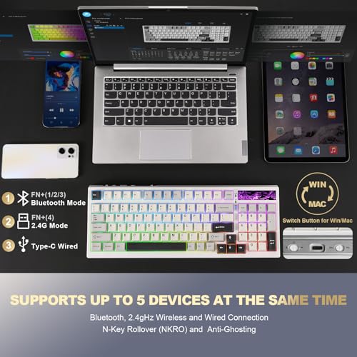 YUNZII YZ98 Gasket Mechanical Keyboard 99 Key Hot Swappable BT5.0/2.4G/USB-C Wireless Gaming with 5-Layer Sound Padding NKRO 98% Layout with RGB for Linux/Win/Mac(Milk Switch, White)