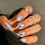 SXVME Chrome Press on Nails Short Almond, Metallic Sliver Fake Nails with a Sparkle Mirror Finish, Glitter Glue on Nails for Women Birthday Party, Thick Quality Soft Gel Nail Press ons 30 Pcs