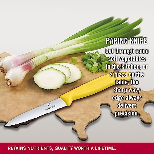 Image of Victorinox Kitchen Knife, Stainless Steel Swiss Made Vegetable Cutting and Chopping Knife, Serrated Edge, 10 cm, Yellow