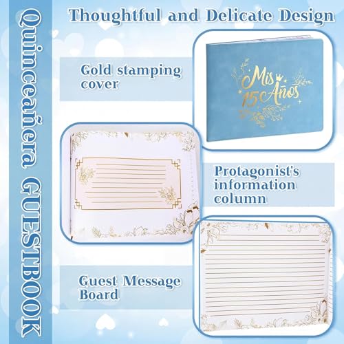 Image of MotiMind Quinceanera Guest Book with Pen 11 x 8 Inch Libro De Firmas Para 15 Anos Quinceanera Leather Hardcover Signature Book Guest Sign in for 15th Party Favors Decoration(Blue,Fresh)