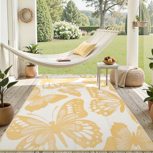 Uphome Outdoor Rug Waterproof 6x9 ft Patio Plastic Straw Rugs for RV Camping Reversible Butterfly Mat Outside Indoor Outdoor Floor Carpet for Back Yard Deck Balcony Porch Beach Picnic Yellow