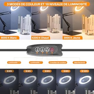Lampe Loupe 10X Lampe De Bureau Loupe avec Lumière Et Support,OKSANO Loupe De Lecture LED avec Pinces Et Base, Lampe Loupe De Bureau 3 Couleurs 10 Luminosité pour Lecture, Réparation, Artisanat