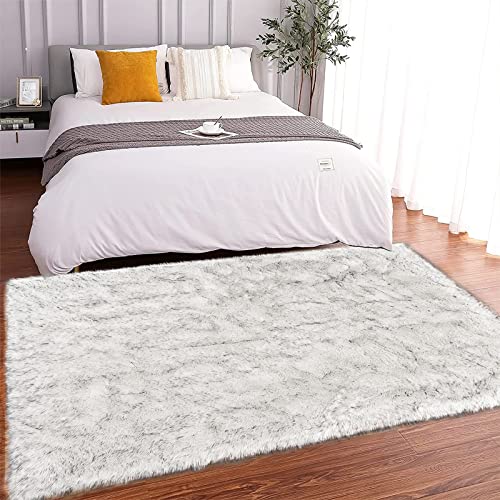 Latepis White with Grey Tips Sheepskin Rugs 4x6, Faux Fur Rug for Living Room, Fluffy Washable Rugs for Bedroom, Teen Room Decor, Rectangle