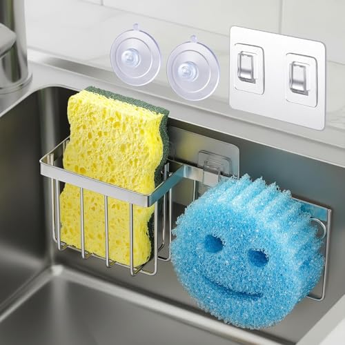 [Space Saving] Sponge Holder for Kitchen Sink Great for Scrub Daddy / Scrub Mommy Sponges Rust-proof Sink Sponge Caddy Organizer for Dish Brush Scrubber - 2 Mounting Options (Suction Cups & Hooks)