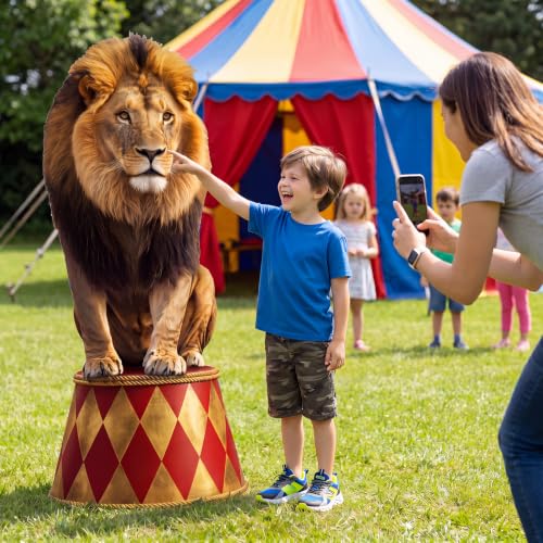 Image of Qunclay 4ft Circus Lion Cardboard Cutout Carnival Party Decoration Life Size Lion Photo Booth Prop Stand up Display Backdrop Decor for Carnival Birthday Party Supplies
