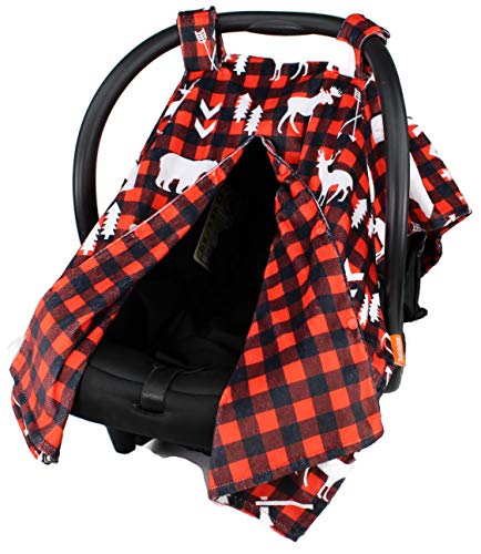 Dear Baby Gear Deluxe Reversible Car Seat Canopy, Custom Minky Print, Lumberjack Plaid and Northwoods