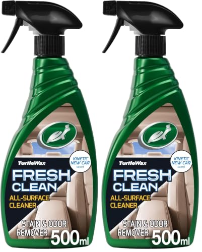 Image of Turtle Wax Fresh Clean All-Surface Interior Car Cleaner, Removes Stains, Odours & Grime From Car Upholstery, Vinyl, Leather, Plastics and More, Effective Car Freshener, New Car Smell, 500ml, Pack of 2
