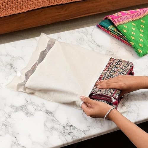 Image of Hollerich Cotton Saree Storage Bags Covers Big Size Single 16 x 14 Inches with Zip Closure for Clothes, Sarees, Garments, Wardrobe Organizer with Mesh Window - Beige (Pack of 10)