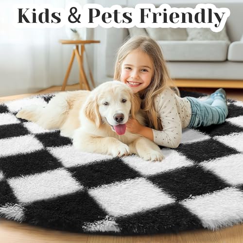Image of KICMOR Round Rugs 8ft Black and White Circle Area Rug, Fluffy Soft Large Fuzzy Shag Shaggy Bedroom Living Room Carpet, Indoor Checkered Circular Rug for Kids Boys Girls Home Decor Aesthetic, Nursery
