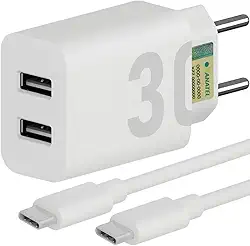 Carregador Super Turbo 30W Ultra Rápido Porta Dupla Tipo C e USB Com Carregamento Rápido + Cabo Tipo C Compatível Com Todos Os Dispositivos, Motorola, Samsung, IPhone 15/16, Xiaomi Premium (Branco)