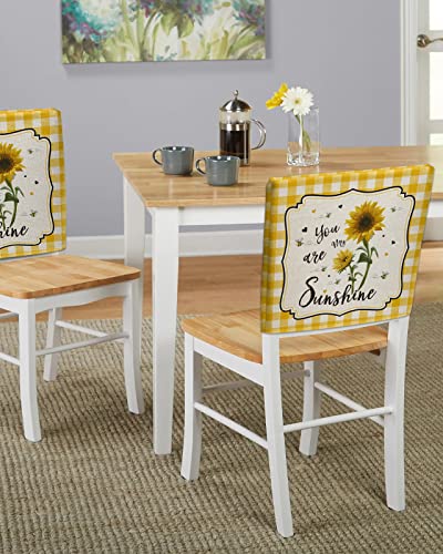 Sunflower Chair Covers Set Of 4 For Dining Room, Rustic Spring Floral Summer Bee Yellow Plaid Chair Back Cover Removable Kitchen Chair Slipcovers Seat Protector For Party Banquet Christmas Decorations #TOP4