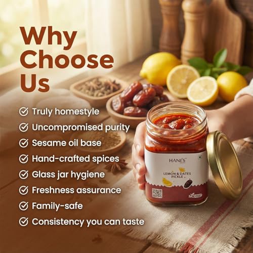 Image of HANI'S Lemon & Dates Pickle | Sweet & Tangy Homemade Style Achar | Authentic Indian Pickle | No Preservatives | Fresh Lemons & Dates | 250g Glass Jar