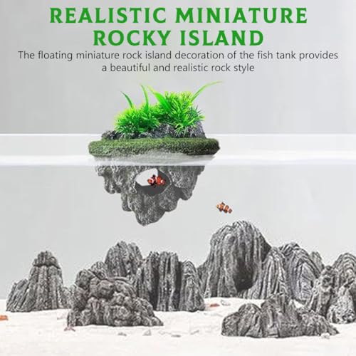 Image of Qpets Floating Betta Fish Tank Decor, Miniature Resin Toys Fish Aquarium Tank Decorative, Rocky Island Ornament Decor Thematic Ornaments with Hiding Cave & Realistic Green Foliage (13x9cm)