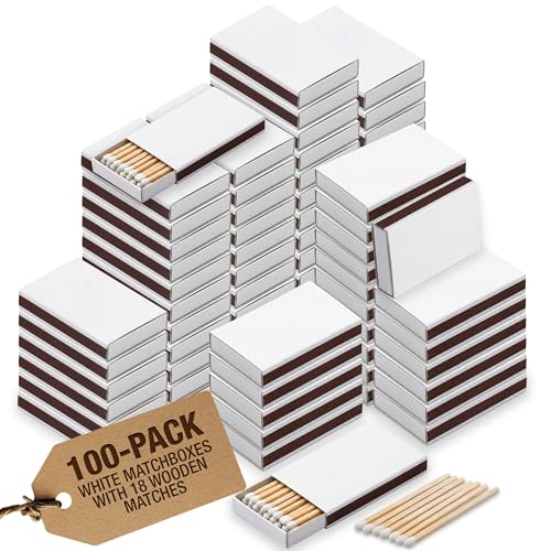 MegaDeal 100-Pack White Matchboxes with 18 Wooden Matches Included Per Box Bulk Plain Match Box for Wedding Favors DIY Arts and Crafts & Candle Gift Smooth Surface for Labels with Reliable Striker