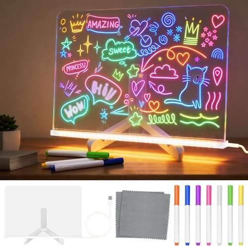 Pizarra Infantil LED, Pizarra Mágica Acrílica 2026 con 7 Rotuladores Borrables & Soporte, Mesa de Luz para Dibujar para Niños Oficina Escuela, Regalo Creativo para Niñas y Niños, 30x20cm