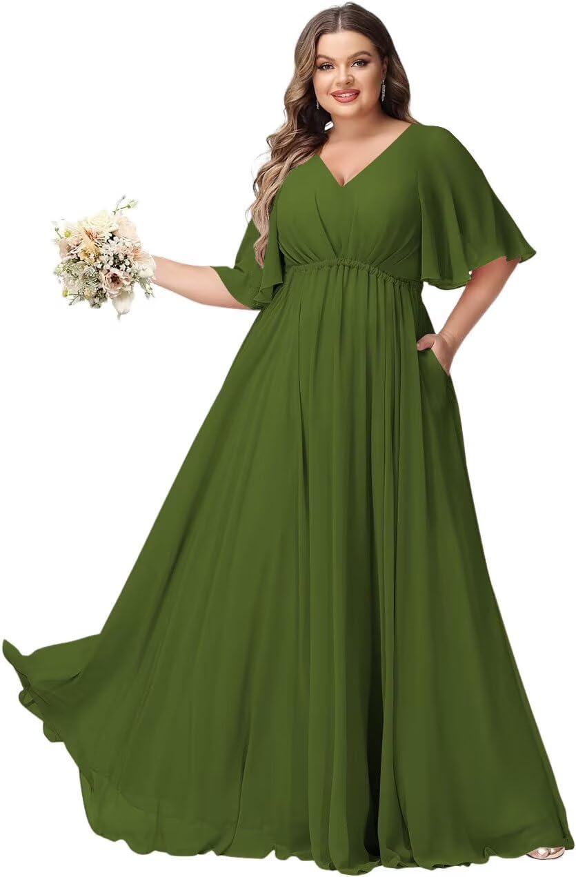 YMSHA Plus Size Bridesmaid Dresses with Pockets Short Sleeve Pleated Formal Dress for Women CLN002