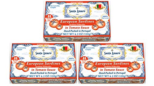 SANTO AMARO European Wild Sardines in Tomato Sauce from Puree (3 Pack, 120g Each) IBERIA STYLE! 100% Natural - Canned Wild Sardines in Natural Tomato Sauce - GMO FREE - Hand Packed in PORTUGAL