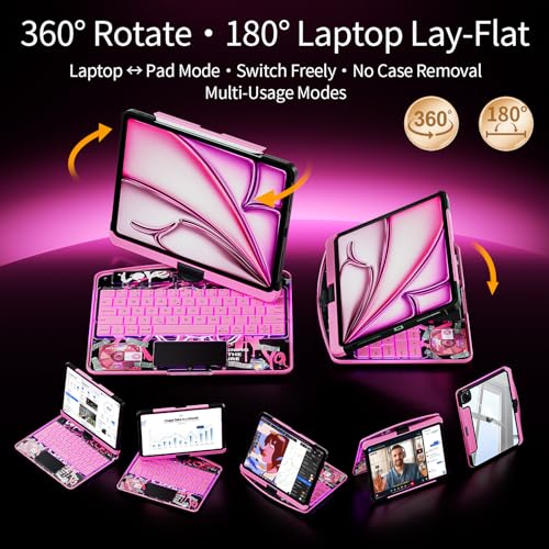 Image of Transparent Keyboard Case for iPad Pro 13 Inch (M5 2025 /M4 2024) with Multi-Touch Trackpad, 360 Rotating Stand, 7-Color 3-Level Backlit, Wireless Bluetooth, Pencil Holder, Pink
