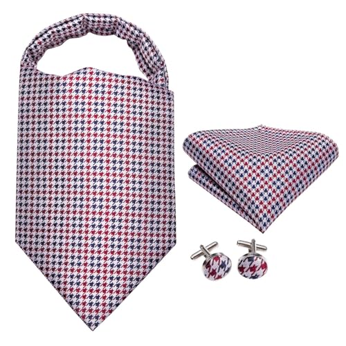 Image of Hi-Tie Silk Ascot for Men Self Tie Men's Cravat and Flower Lapel Pin Handkerchief Cufflinks Set for Wedding Party