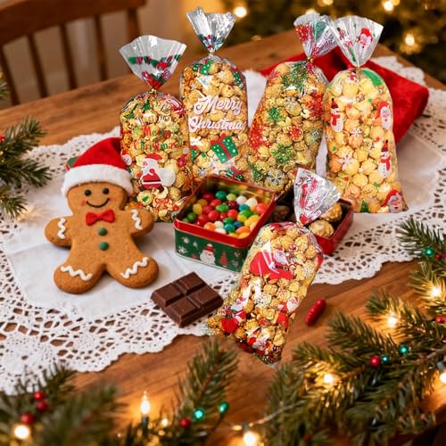 Plätzchentüten Weihnachten, 120 Stück Kekstüten Weihnachten, 9 Stile Geschenktüten Weihnachts, Cellophantüten, Weihnachtstüten zum Befüllen, Süßigkeiten Weihnachts Tüten mit Twist Krawatten