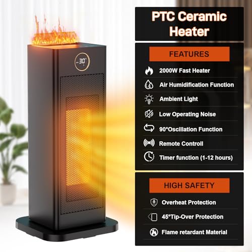 chauffage d'appoint 2000w avec humidificateur d'air, chauffage electrique soufflant avec thermostat, oscillant 90°, minuterie 1 12h, silencieux, eco radiateur electrique céramique ptc