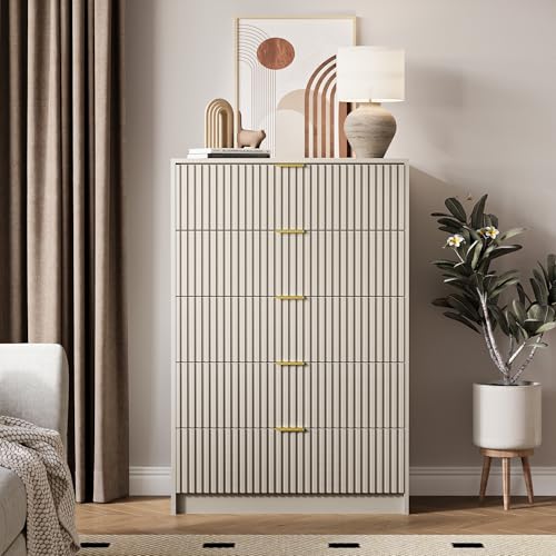 Image of MAISONARIA 5 Drawer Dresser for Bedroom, Tall Dresser Chest of Drawers with Gold Handles, 32 Inch Wide Nightstand with for Bedroom, Living Rooms, Offices, and Entryways, Beige