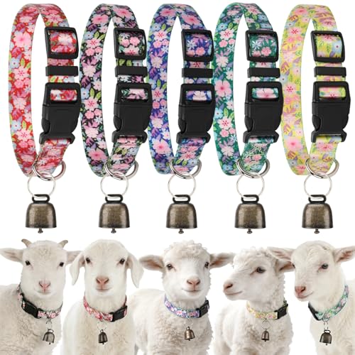 Image of 5 Pack Goat Collars with Bells, Adjustable Nylon Collar Set pet and Horse Sheep Grazing Copper Bells Pet Anti-Lost Loud Bronze Bell for Small Farm Animal Sheep Goat Cow Accessories(Floral)