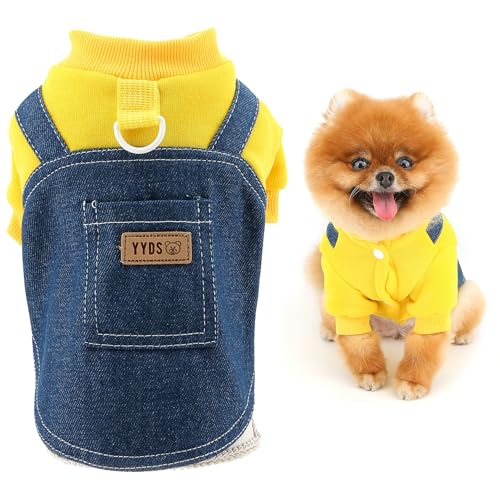 SMALLLEE_LUCKY_STORE 犬服 秋冬 デニムベスト スウェットシャツ付き ペット服 トレーナー セーター 厚手 パッチワーク Dリング付き 超小型犬 小型犬 子犬 猫服 チワワ服 暖かい 犬用コート ドッグウェア 冬物 部屋着 お散歩 お出