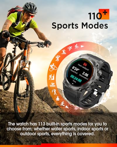 2025 Smartwatch Herren mit Telefonfunktion, 500mAh Akku 1.46" HD Militär Smart Watch, 113 Sportmodi IP68 Wasserdicht Fitnessuhr, 24/7 Herzfrequenz/SpO2/Schlafmonitor, iOS Android 2 Armbänders Schwarz – Bild 5