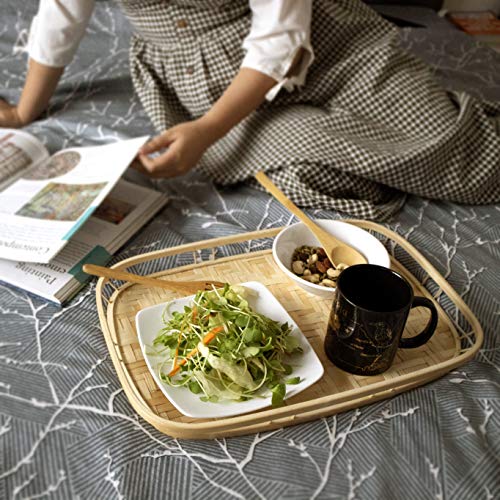 Set of 4 Pack Rectangular Bamboo Wicker Serving Trays with Handles, Handwoven Coffee Trays for Coffee, Breakfast, Bread, Food, Dish and Decorative Trays for Dining Table - Thumbnail 2
