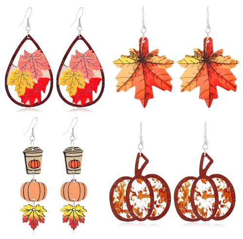 4 Pairs Fall Thanksgiving Earrings Set - Wooden Pumpkin Maple Leaf Shaped Coffee Mugs Thanksgiving Day Fun Drop Dangle Earrings - Holiday Jewelry