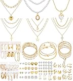 CONGYING 120PCS Gold Jewelry Sets For Women, With 7 Necklace,12 Bracelet,30pcs Hoop Earring,59pcs stud earrings and 12pcs cuff Ear Earrings Friendship for Happy Gifts (120pcs-set)