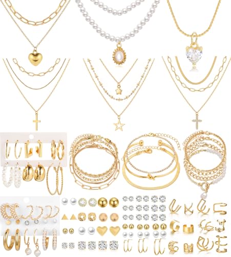 CONGYING 120PCS Gold Jewelry Sets For Women, With 7 Necklace,12 Bracelet,30pcs Hoop Earring,59pcs stud earrings and 12pcs cuff Ear Earrings Friendship for Happy Gifts (120pcs-set)