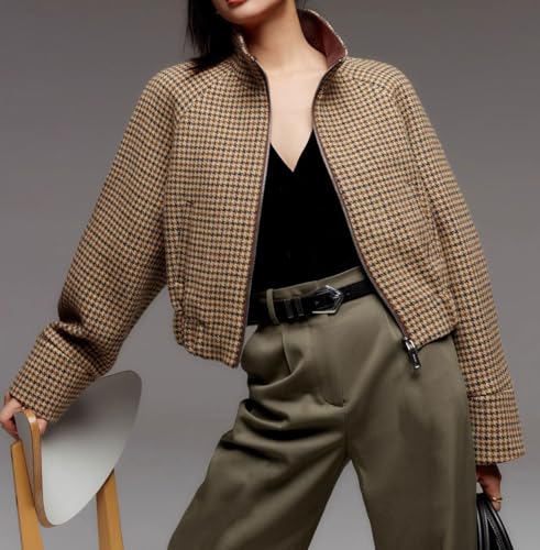 CHARTOU Women Cropped Wool Jacket Houndstooth Plaid Fall Winter Peacoat Outwear3