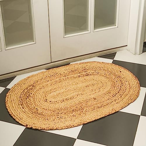 Rajrang Bringing Rajasthan To You Natural Jute Runner Rug Oval Reversible Braided Woven Rigo Area Rug 2' 3" X 4 Feet #TOP13