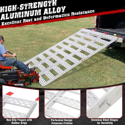 GAOMON Aluminum Tri-Fold Ramp with Treads, 1500 lbs ATV Ramp Folding Ramp for Truck Bed, Vehicle Loading Ramp for Motorcycle, ATV/UTV, Trailer, Tractor, Lawnmower, Snow Blower, 76\" L x 50\" W, 1Pc