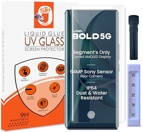 Image of STP FEEL Advanced UV Tempered Glass Screen Protector Guard Compatible For Lava Bold 5G (6.67 Inch, Pack of 1) Full Adhesive UV Curved Case Friendly HD Clarity with easy installation kit