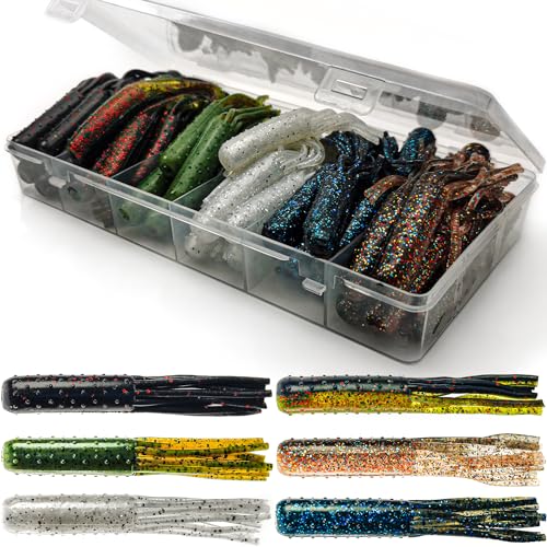 VMSIXVM 60Pcs Tube Baits Soft Plastic Worms Bass Fishing Lures for Tube Jig Heads Hook Freshwater...
