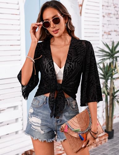 Image of Totatuit Women's Short Cardigan Bolero Sheer Shrug Tie Open Front Bell Sleeve Summer Cropped Bolero Cardigan