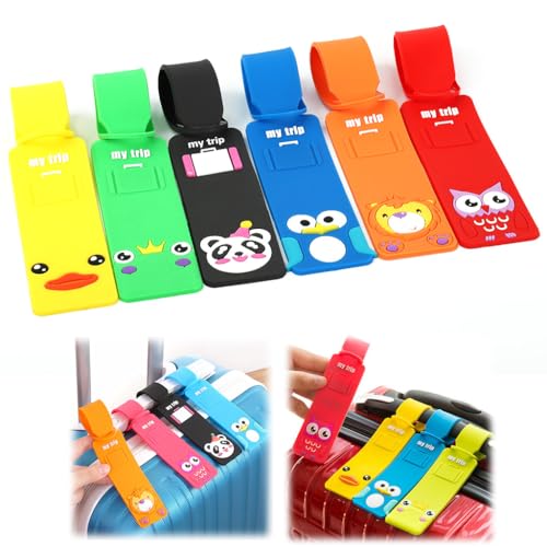 HANNEA 6 Pcs Silicone Luggage Tags 24x4cm Cartoon Name ID Card Anti-Lost Handle Identify Labels Soft Durable Suitcase Tags for Women Men (Multicolor)