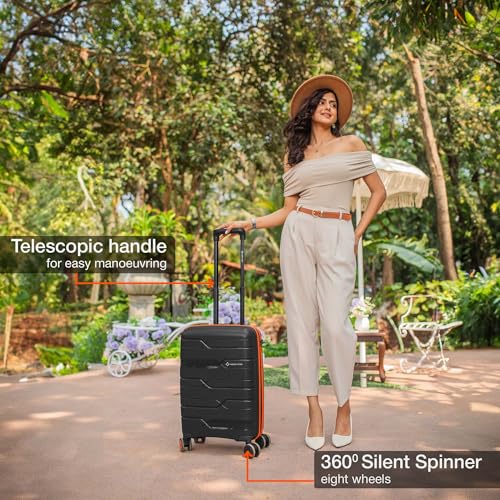 Image of Nasher Miles Cannes Hard-Sided Polypropylene Cabin Luggage 20 inch | 55cm | 8 Wheels Small Trolley Bag for Travel | Suitcase (Black Orange)