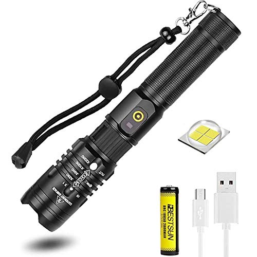 6000 Lumen Super Hell XHP50 LED Taschenlampe Wiederaufladbar, Zoombar 5 Modi Taktische Taschenlampe Wasserdichte Taschenlampe mit Power Display &