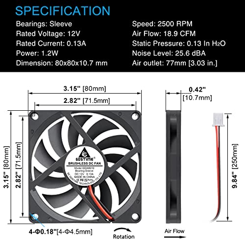 Image of GDSTIME Ultrathin 80mm x 80mm x 10mm 12V Brushless DC Cooling Fan for Laptop, Desktop, Server, Gaming Console, Router, Printer, Amplifier, Inverter