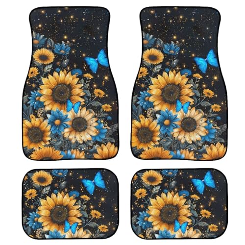 FUIBENG 4 Piece Sunflower Car Floor Mats Full Sets Blue Butterfly Yellow Sunflower Floor Mats for Vehicle Front and Back,Stain Resistant Washable Foot Carpet Area Rug Auto Interior Protective